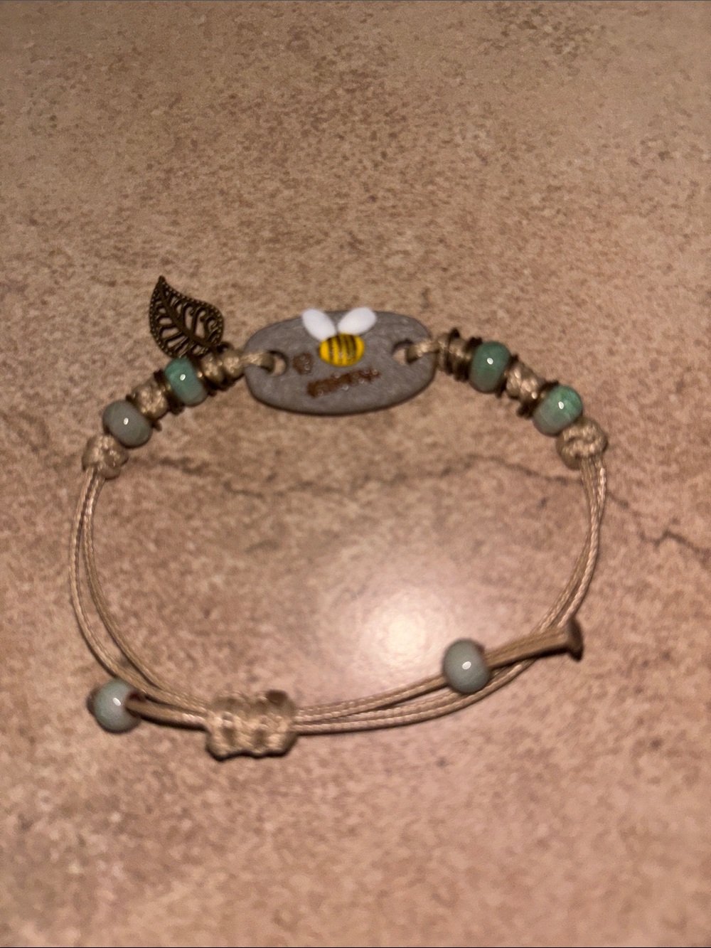 Bee Charm Adjustable Bracelet in Beige with Mint Beads